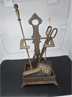 Antique Brass Fireplace Stand & Tools