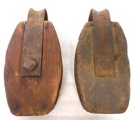 lot of 2 wooden pulleys possibly for hay trolleys