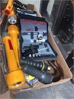 assorted tool kits including flashlights hooks