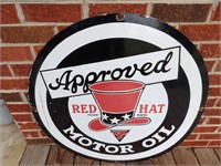 30" porcelain single-sided Red Hat motor oil sign