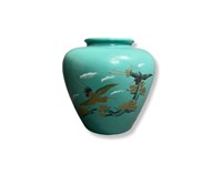 Art Deco Style Asian Cranes Teal Blue Vase