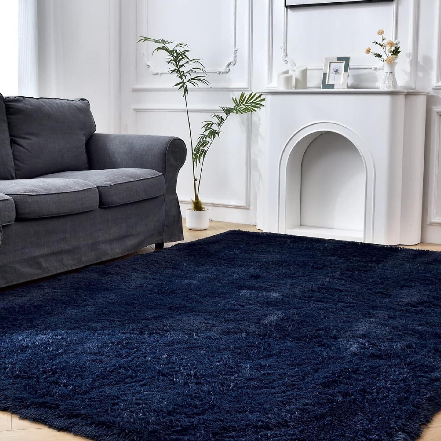 Navy Blue 5x7 Ft Anti-Skid Fluffy Rug