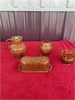 Fenton amber hobnail butter dish & pitcher and