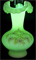 11" Fenton Hand Painted Uranium Custard Satin Vase