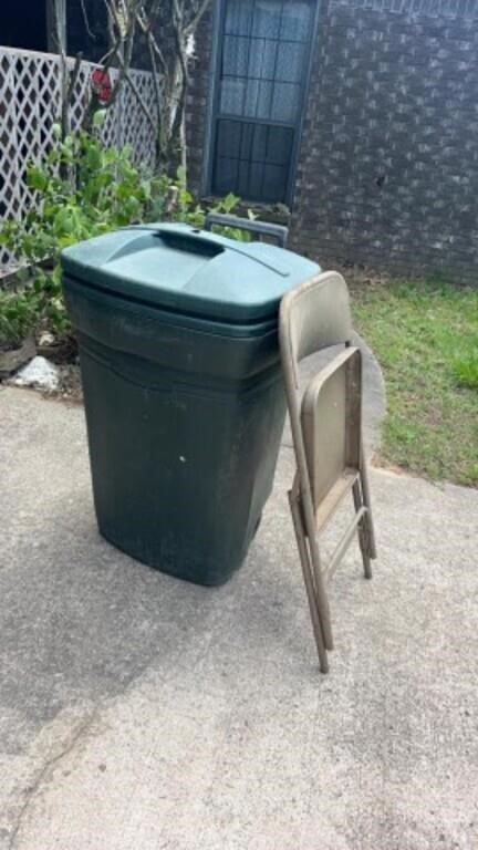 Metal chair and trashcan