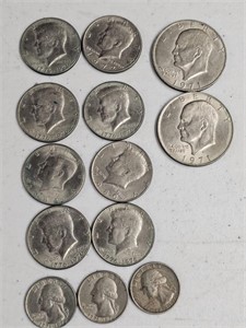 2-1971 IKE DOLLARS, 8-MIXED DATES OF KENNEDY HALVE