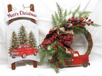 Red Truck Wreath & Sled Like New!