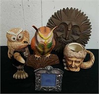 Vintage owl vase and animated owl, vintage mug