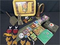 Boy Scout, metal tray, bugle boy, scout, and book
