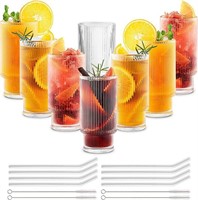 Ribbed Glass Cups with Straws 12oz, Drinking Glass