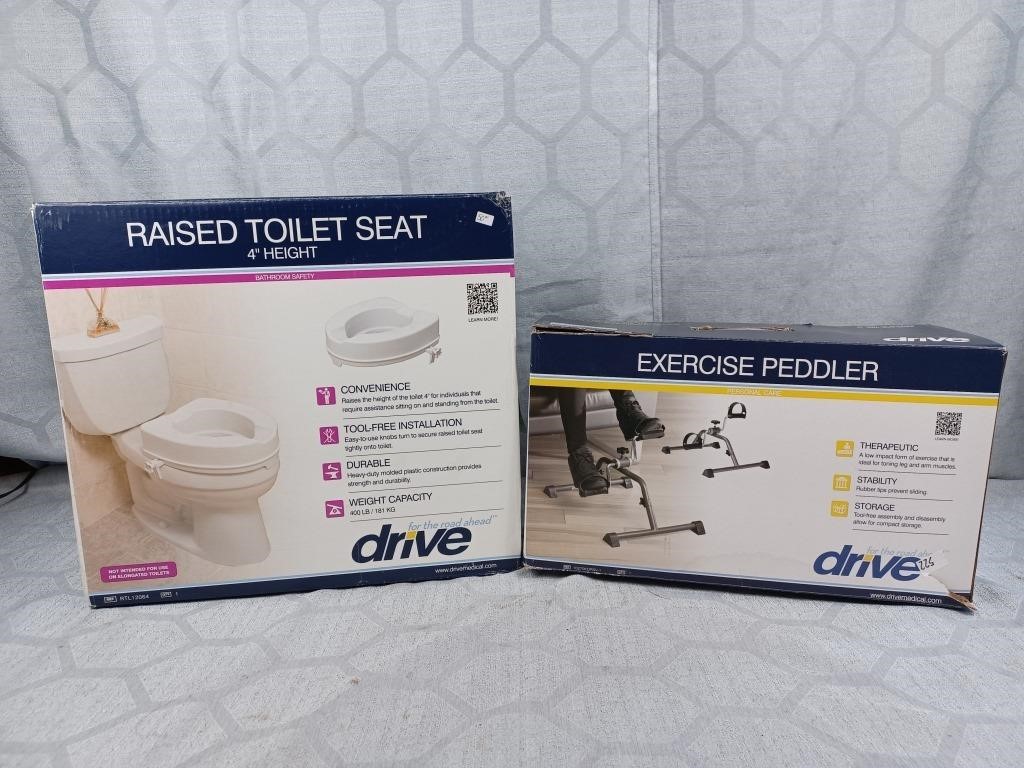 Exercise peddler and raised toilet seat