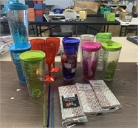 Lot of Cups with Lids, Plastic Wine Glasses and