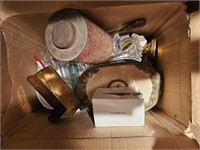 Box of antiques, makeup box & ceramic rooster