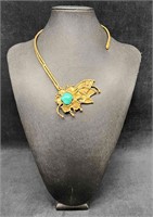 Unique Brass & Blue Faux Stone Necklace