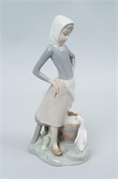 Lladro #4682 Girl with Milk Pail, Stool & Goose