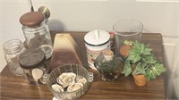 Vintage canister, Rocks, shells, candles,