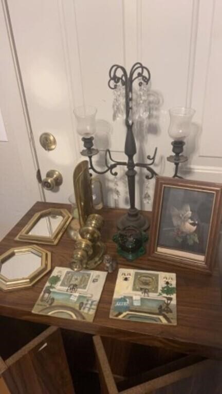 Glass frog, Brass candlesticks, framed bird art,