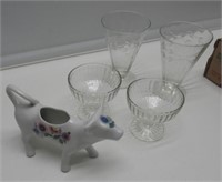 FRANCE COW CREAMER-9 SHERBETS-2 ETCHED TUMBLERS