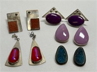 5 Pair Silver  Earrings Purple Stone 925 Signed +