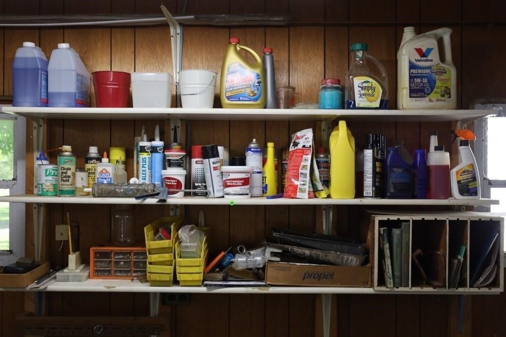 CONTENTS OF 3 SHELVES IN GARAGE - SPRAY PAINT,