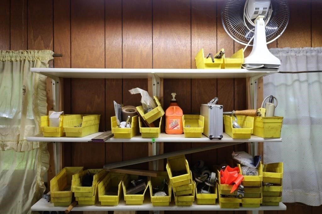 CONTENTS OF 3 SHELVES IN GARAGE - FAN, SANDPAPER,