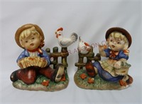 Vintage Porcelain Boy & Girl w Chicken Figurines