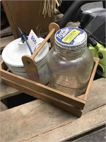 Wood carrier w/ crock, jar