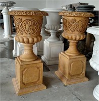 Pair Marble Urns on Pedestals