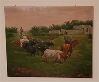 Spanish Villa Farm Bull Corraling Canvas Painting