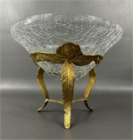 Brass Carved Rose Stand With Crackle Glass Bowl