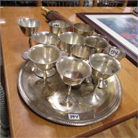 TRAY OF SILVER PLATE WINE GLASSES & TRAY