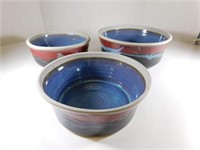 347/10 Lot of 3 Glazed Pottery Bowls-  Red and Blu