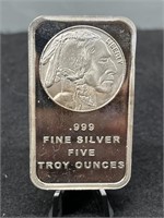 5 Troy Oz. .999 Fine Silver Indian Head Bar