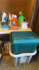 2 hampers, iron, laundry supplies
