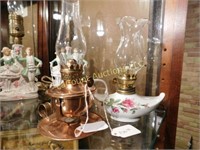 pr. kerosene lamps, copper, ceramic floral
