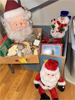 Box of Christmas Decor & Flat of Santa Face Lights