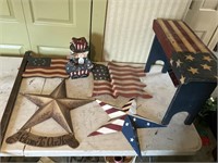 Metal and wood flags, bench etc