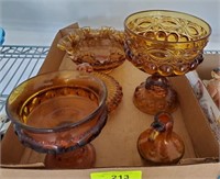5 PC AMBER GLASS LOT, NUT BOWL, FRUIT, COMPOTE