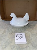 hen on a nest milk glass