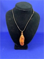 Amber & Copper Necklace w Leather Tie