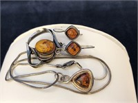 Amber & Sterling Silver Set pendants, chain, pin +