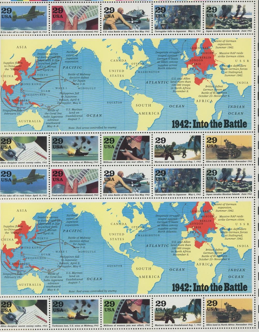 1992 WW II 1942 Into the Battle - 20 Stamp Sheet