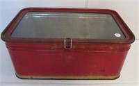 Tin store display box with hinged glass lid.