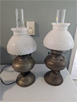 Electrified oil lamps hobnail milk glass shades