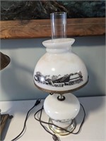 Currier & Ives milk glass hurricane table lamp