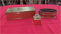 GOLD METAL VINTAGE JEWELRY BOX AND CANDLE HOLDER