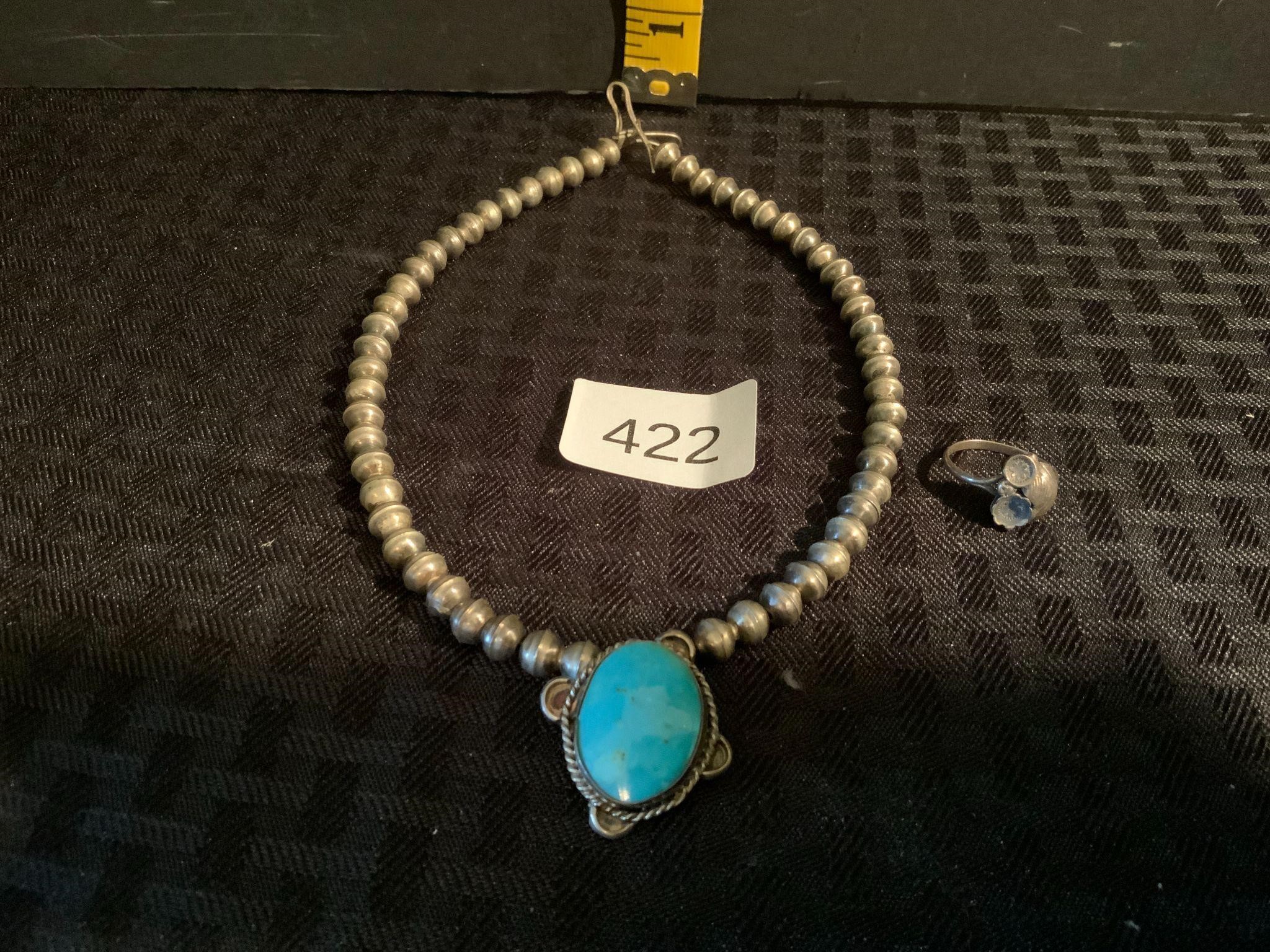 Silver & Turquoise Necklace & Ring Unmarked