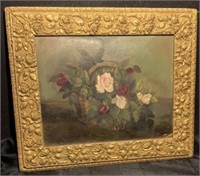 Antique Still Life Painting - Roses in Basket 1886