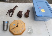 Fenton glass cat, clock, pewter cup, figures