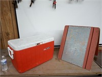 COLEMAN LOCKING COOLER & WOOD & METAL SIGN